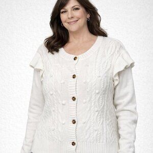 Celebrity Pink Sweater Cardigan XL Creamy Ivory Stretchy Cable Knit Ruffle